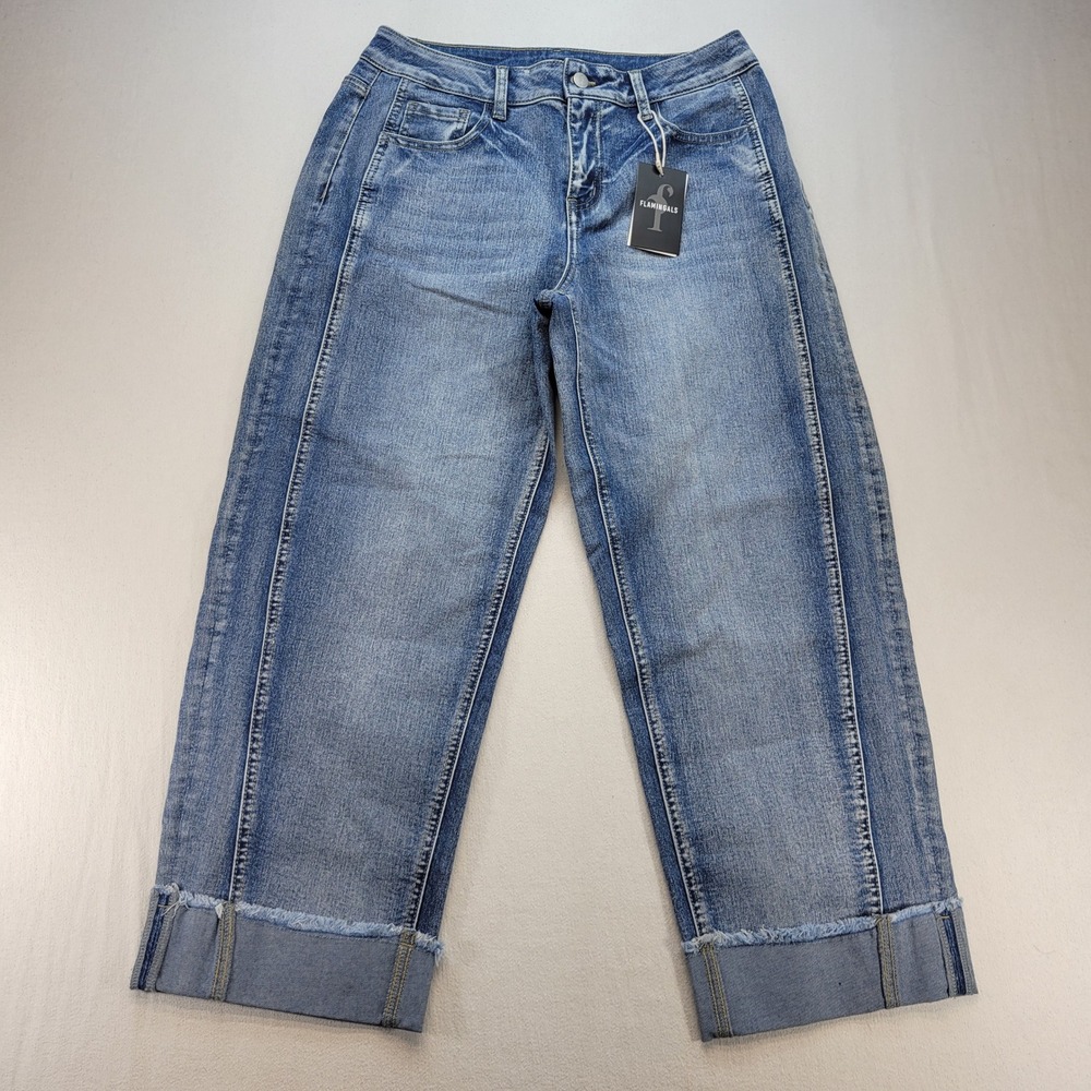 Flamingals Wide Leg Jeans Womens Large Blue Cuffed Raw Hem Cropped Denim